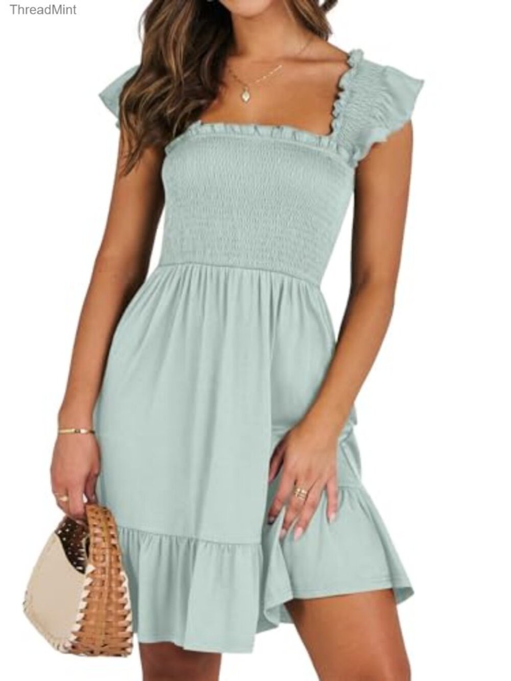 Mommy and Me Smocked Ruffle Sleeve Mini Dress for Beach Vacation